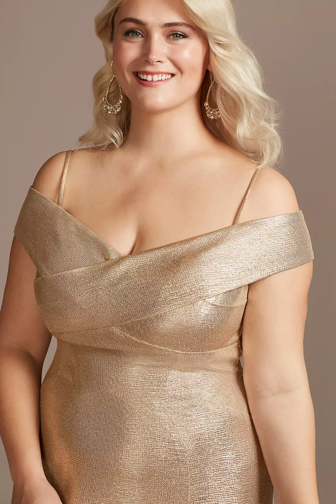 Metallic Off-the-Shoulder Seamed Gown with Slit Image 3