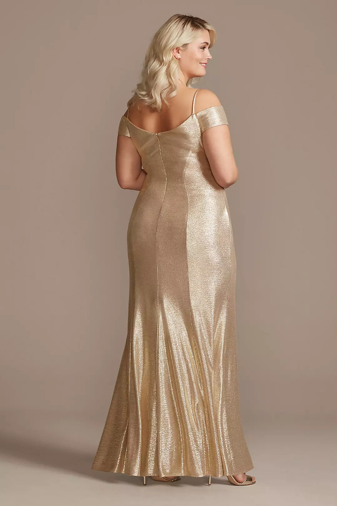 Metallic Off-the-Shoulder Seamed Gown with Slit Image 2