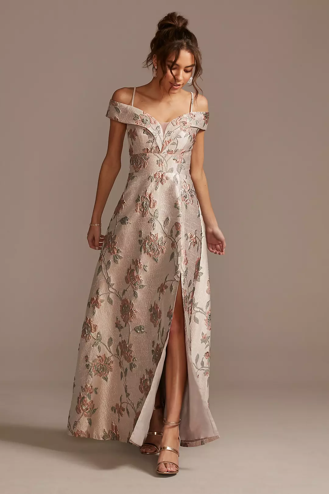 Brocade Off the Shoulder Ball Gown with Slit Image