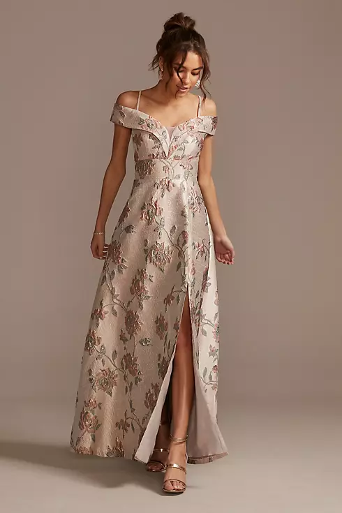 Brocade Off the Shoulder Ball Gown with Slit Image 1