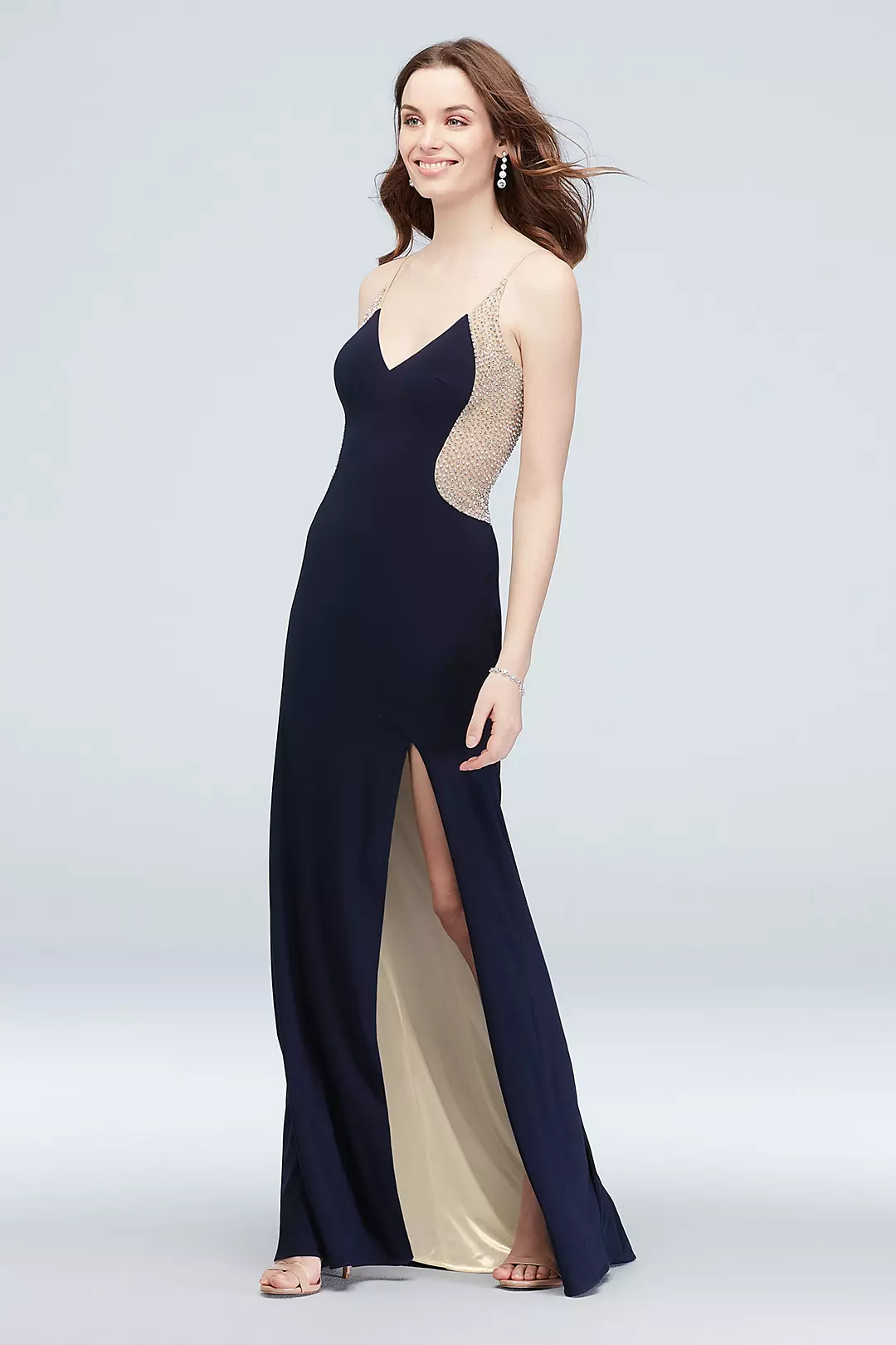 Deep-V Illusion Silhouette Crystal Gown with Slit Image
