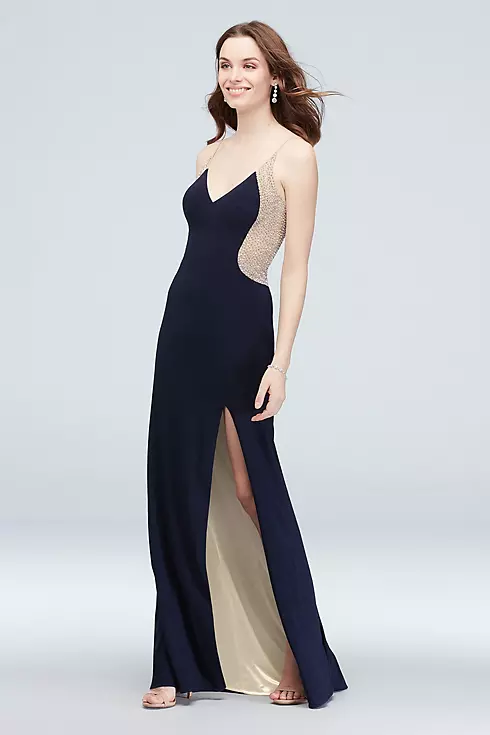Deep-V Illusion Silhouette Crystal Gown with Slit Image 1