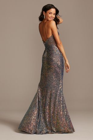 High Neck Side Ruched Sequin Dress with Slit | David's Bridal