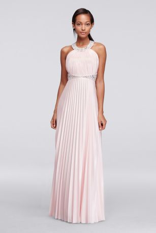Beaded Strappy Back Halter Prom Dress with Pleats David Beaded Strappy Back Halter Prom Dress with Pleats David