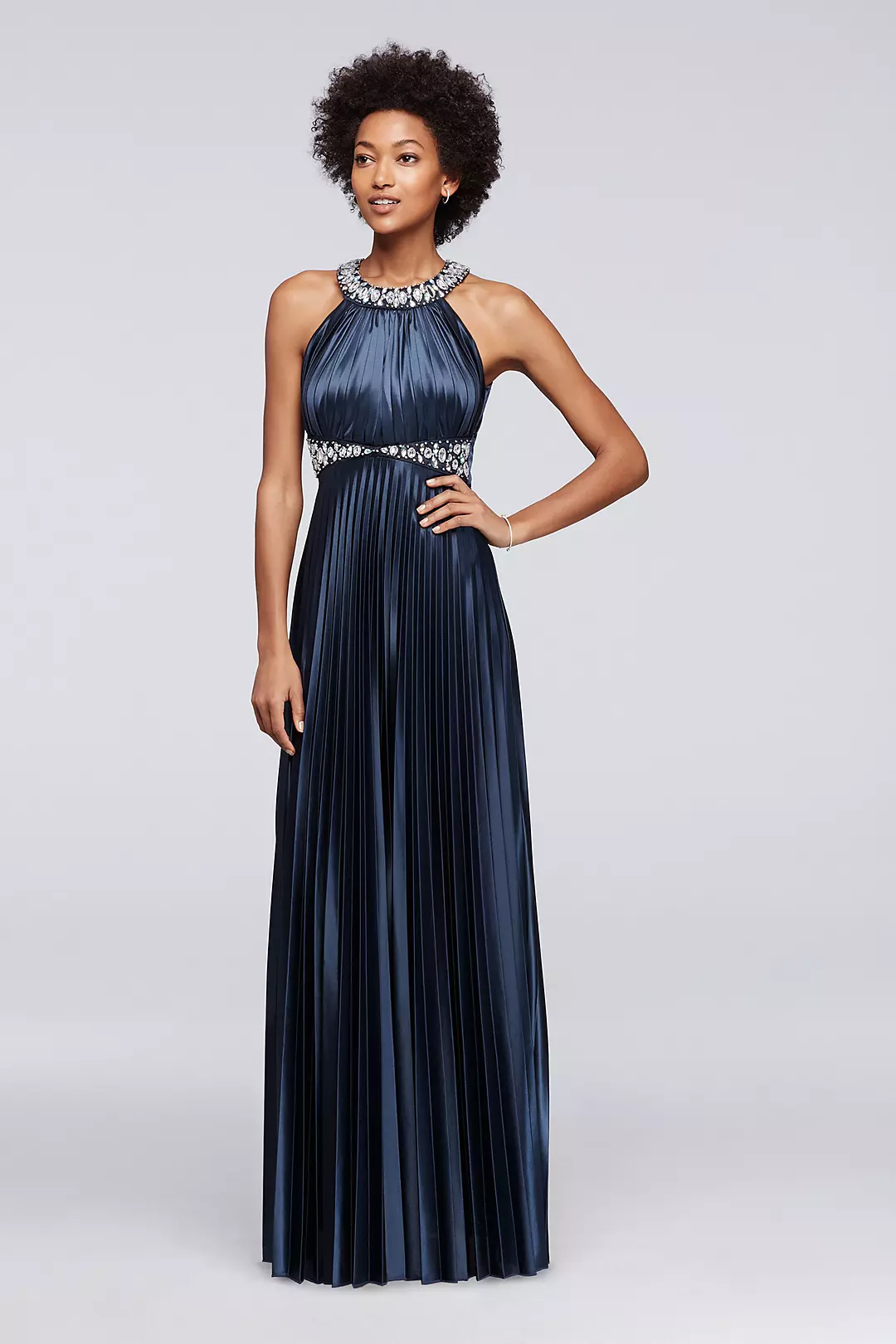 Beaded Strappy Back Halter Prom Dress with Pleats Image