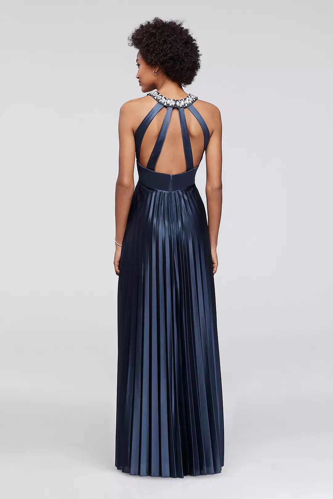Beaded Strappy Back Halter Prom Dress with Pleats Image 2
