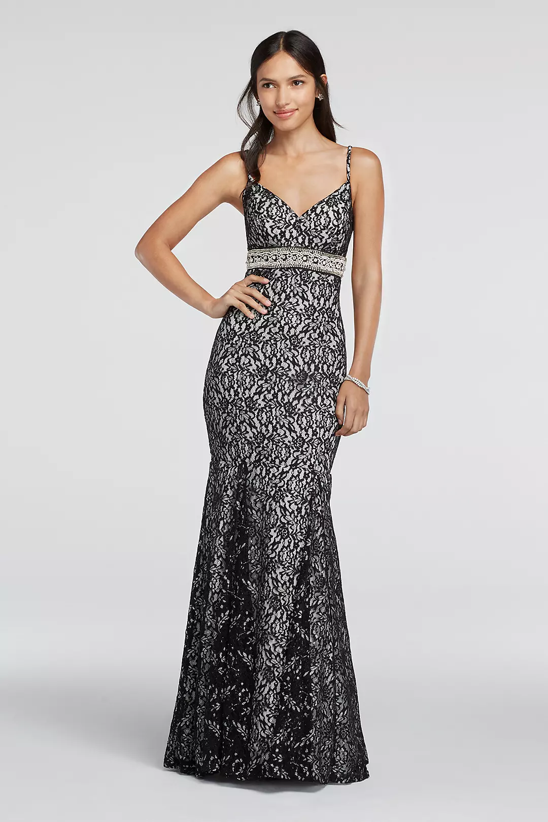 Spaghetti Strap Lace Prom Dress with Beaded Waist Image