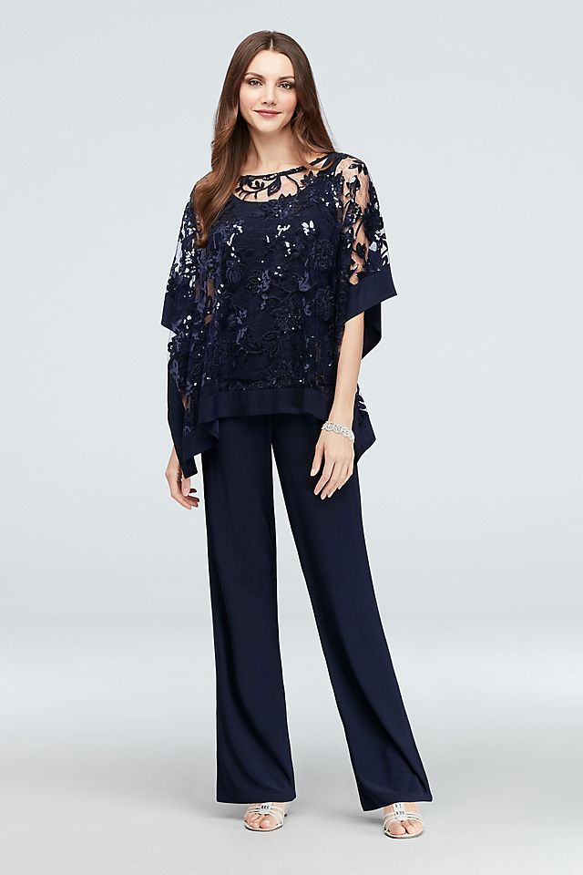 Sequin Lace Plus Size Pantsuit with Sheer Poncho Image 5