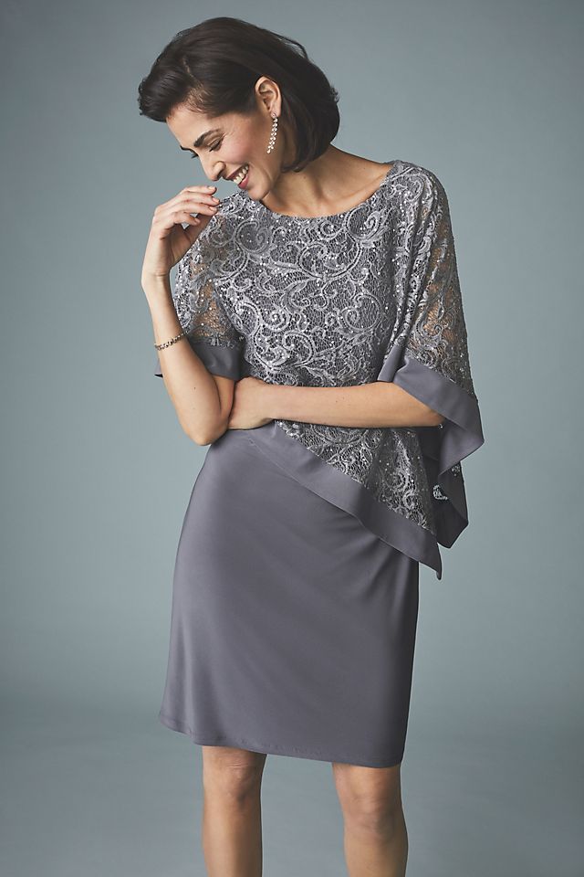 Stretch Knit Sheath with Asymmetrical Lace Cape Image 5