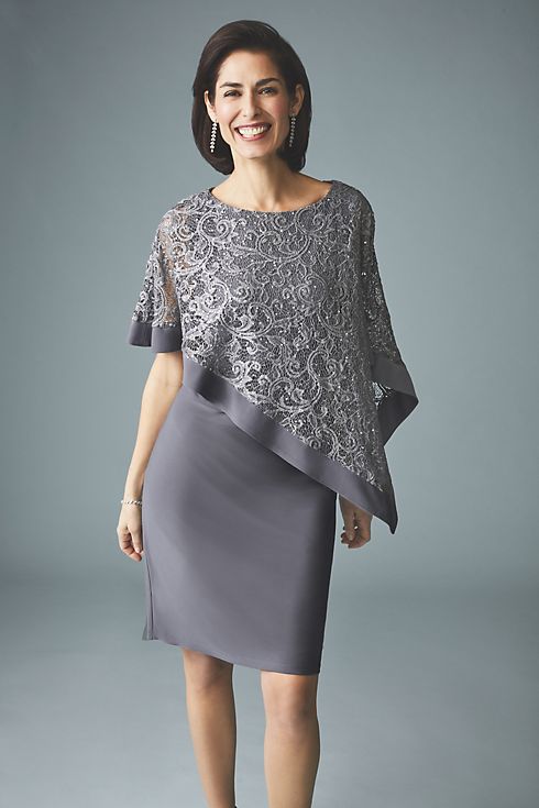 Stretch Knit Sheath with Asymmetrical Lace Cape Image 4