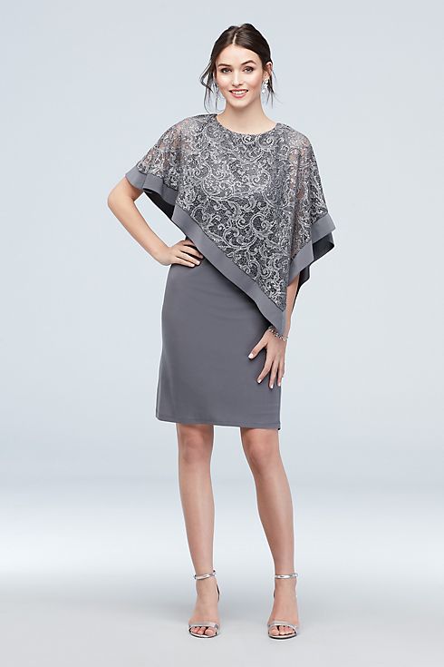 Stretch Knit Sheath with Asymmetrical Lace Cape Image 1