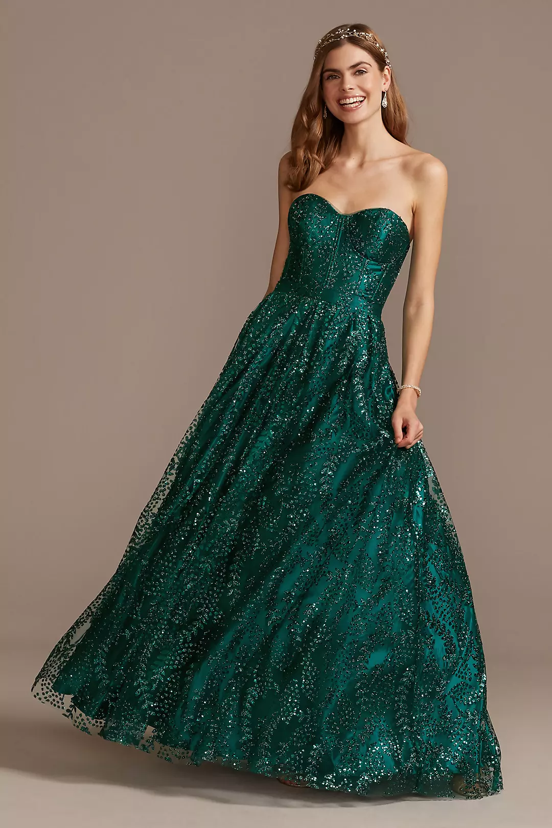 Corset Bodice Strapless Gown with Glitter Overlay Image
