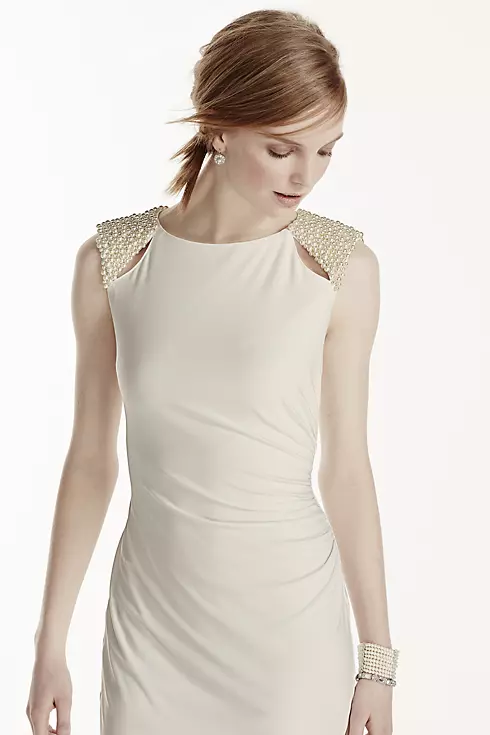 Short Jersey Dress with Cutout Pearl Shoulders Image 3