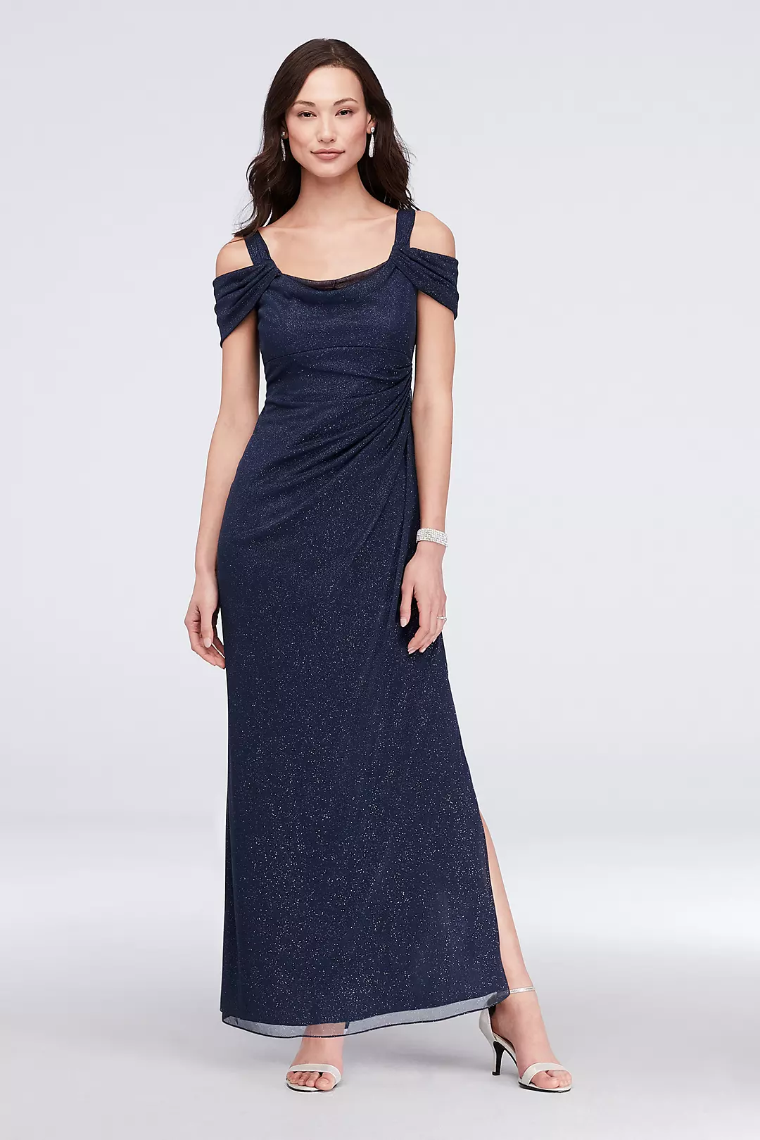 Cold-Shoulder Ruched Mesh Petite Sheath Gown Image