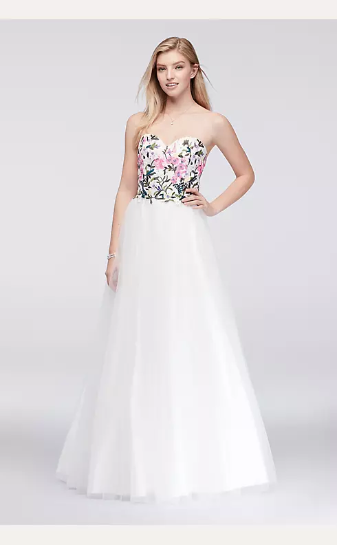 Embroidered Bodice Ball Gown with Lace-Up Back Image 1