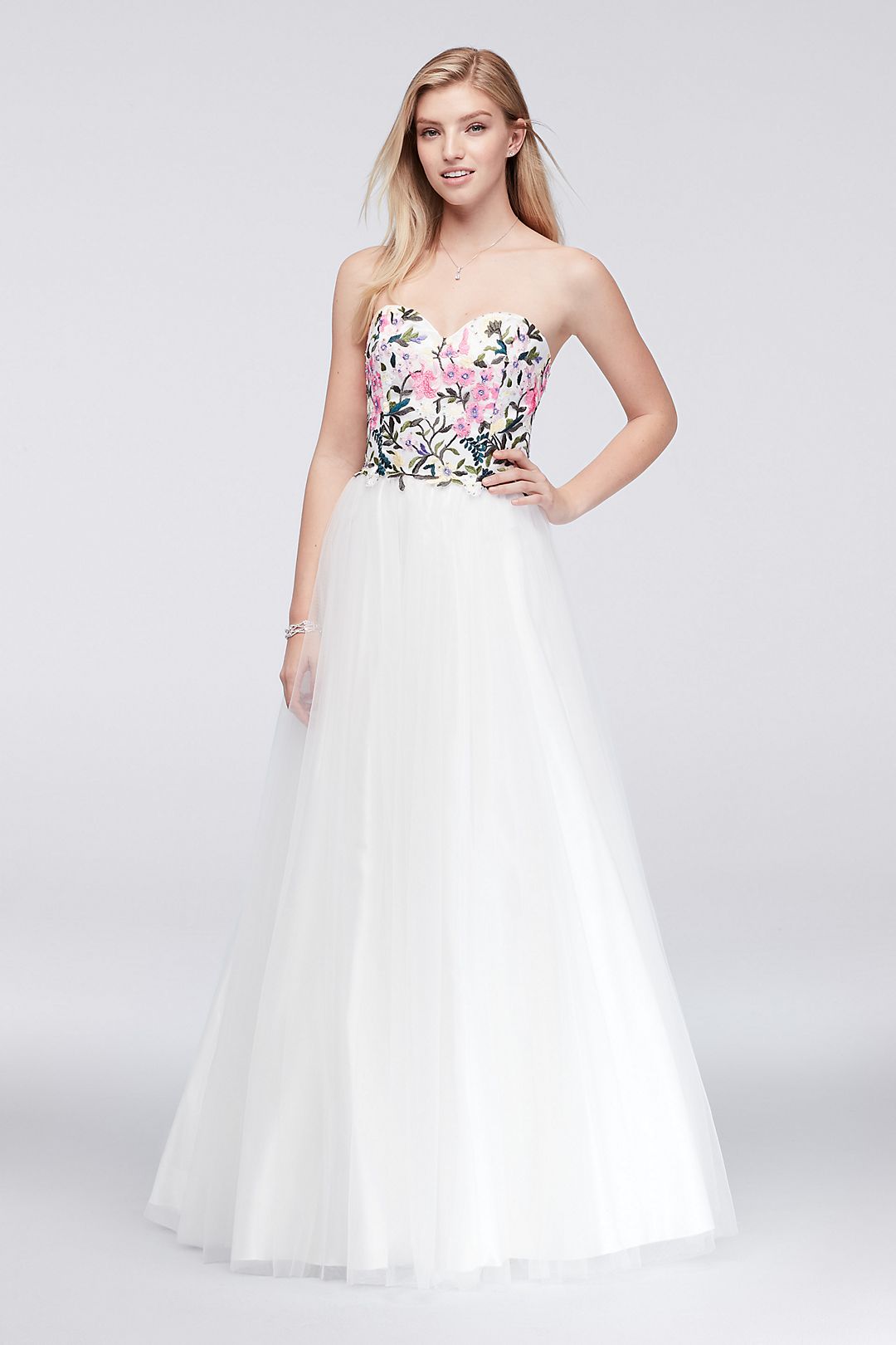 Embroidered Bodice Ball Gown with Lace-Up Back
