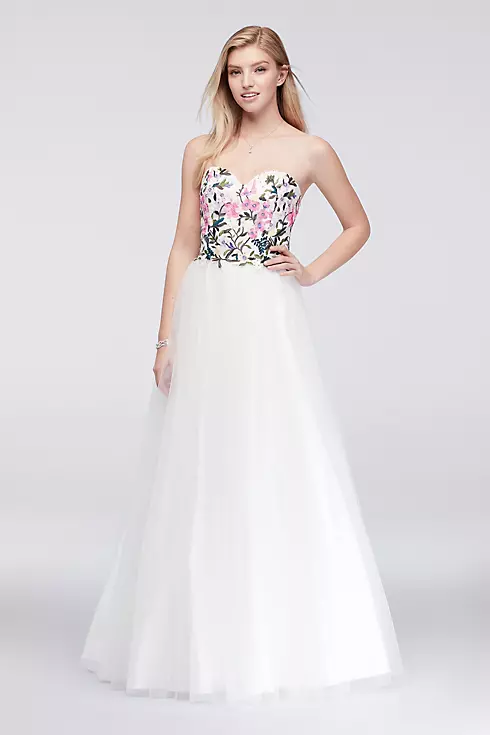Embroidered Bodice Ball Gown with Lace-Up Back Image 1