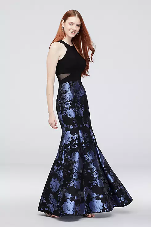 Brocade Mermaid Gown with Mesh Panels Image 1