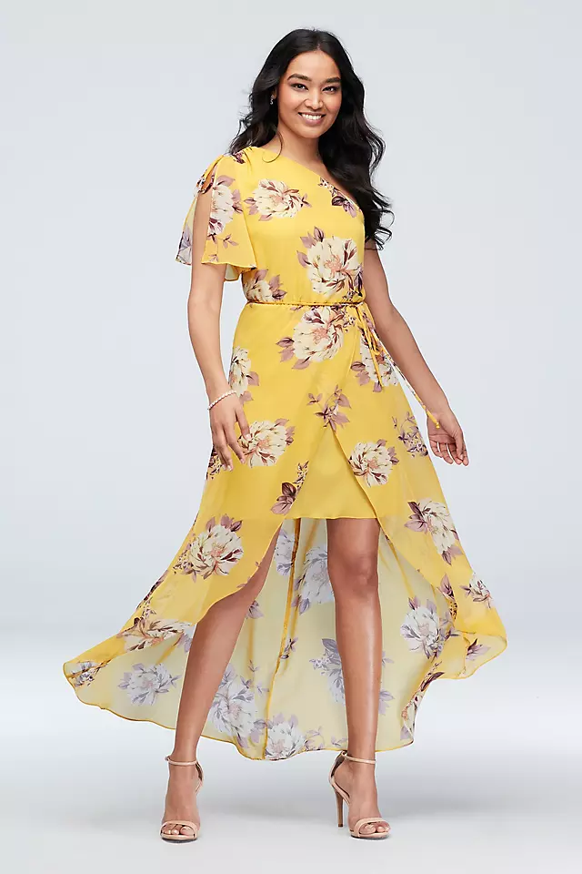 One Shoulder Floral Dress With Chiffon Wrap Skirt Image