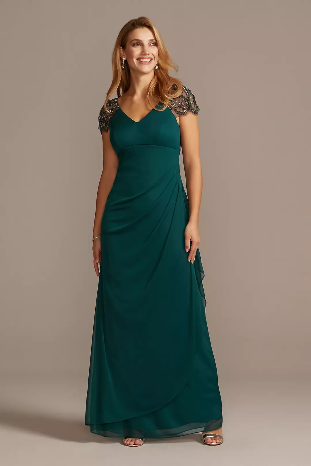 Embellished Chiffon Cap Sleeve Ruched Gown Image