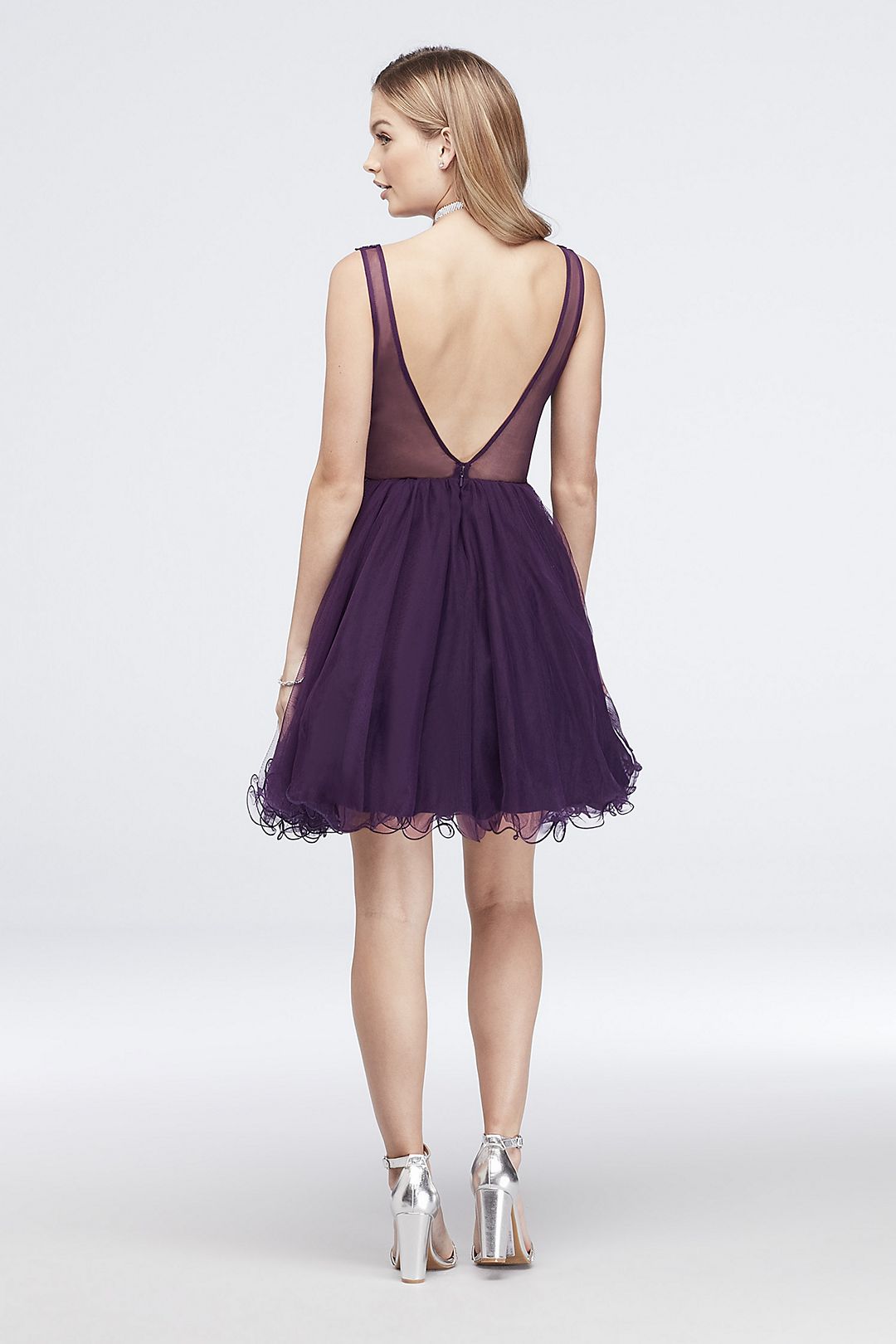 Embroidered Sheer Fit-and-Flare Dress with V-Back Image 2