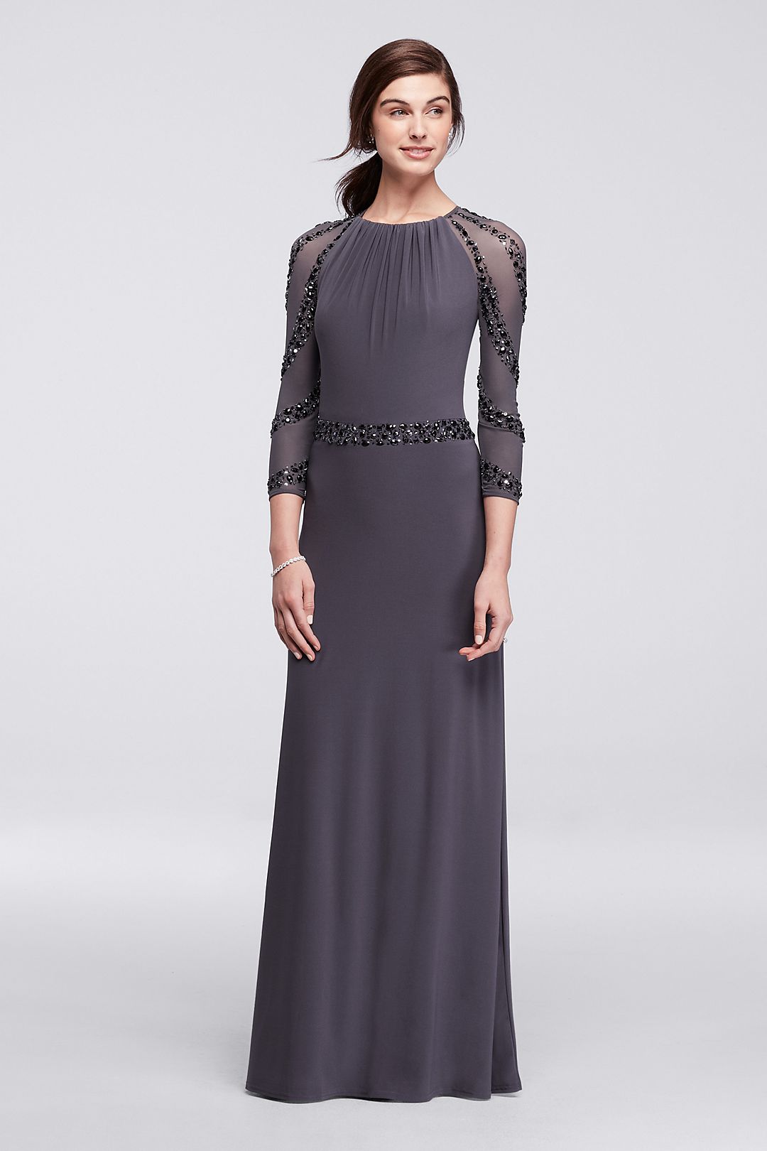 Illusion Long Sleeve Dress with Beaded Waist Image 1