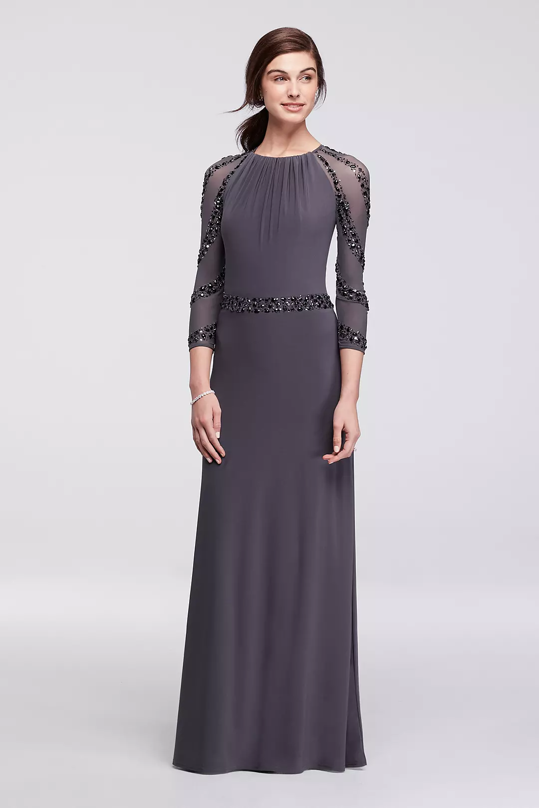 Illusion Long Sleeve Dress with Beaded Waist Image