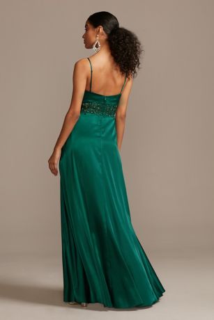 Crystal Illusion Waist Spaghetti Strap Satin Gown | David 