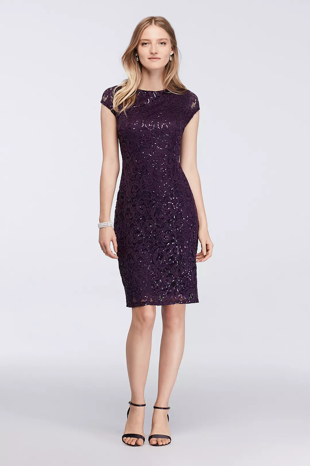 Sequined Cap Sleeve Short Lace Dress Image