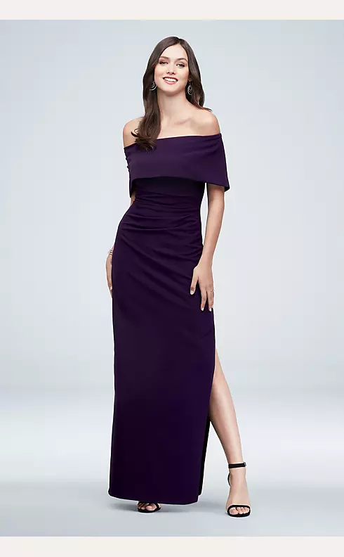 Off-the-Shoulder Foldover Ruched Gown with Slit Image 1