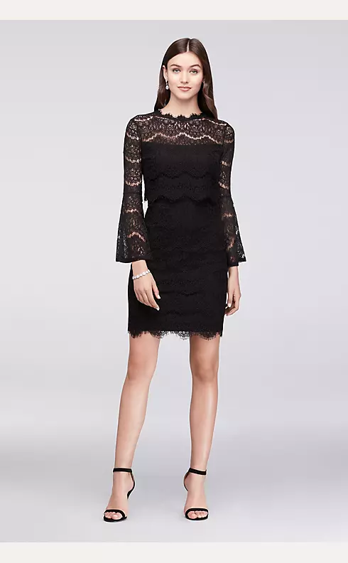 Bell-Sleeve Short Lace Dress with Illusion Waist Image 1