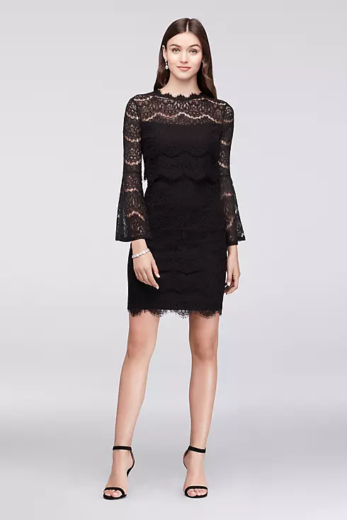 Bell-Sleeve Short Lace Dress with Illusion Waist Image 1
