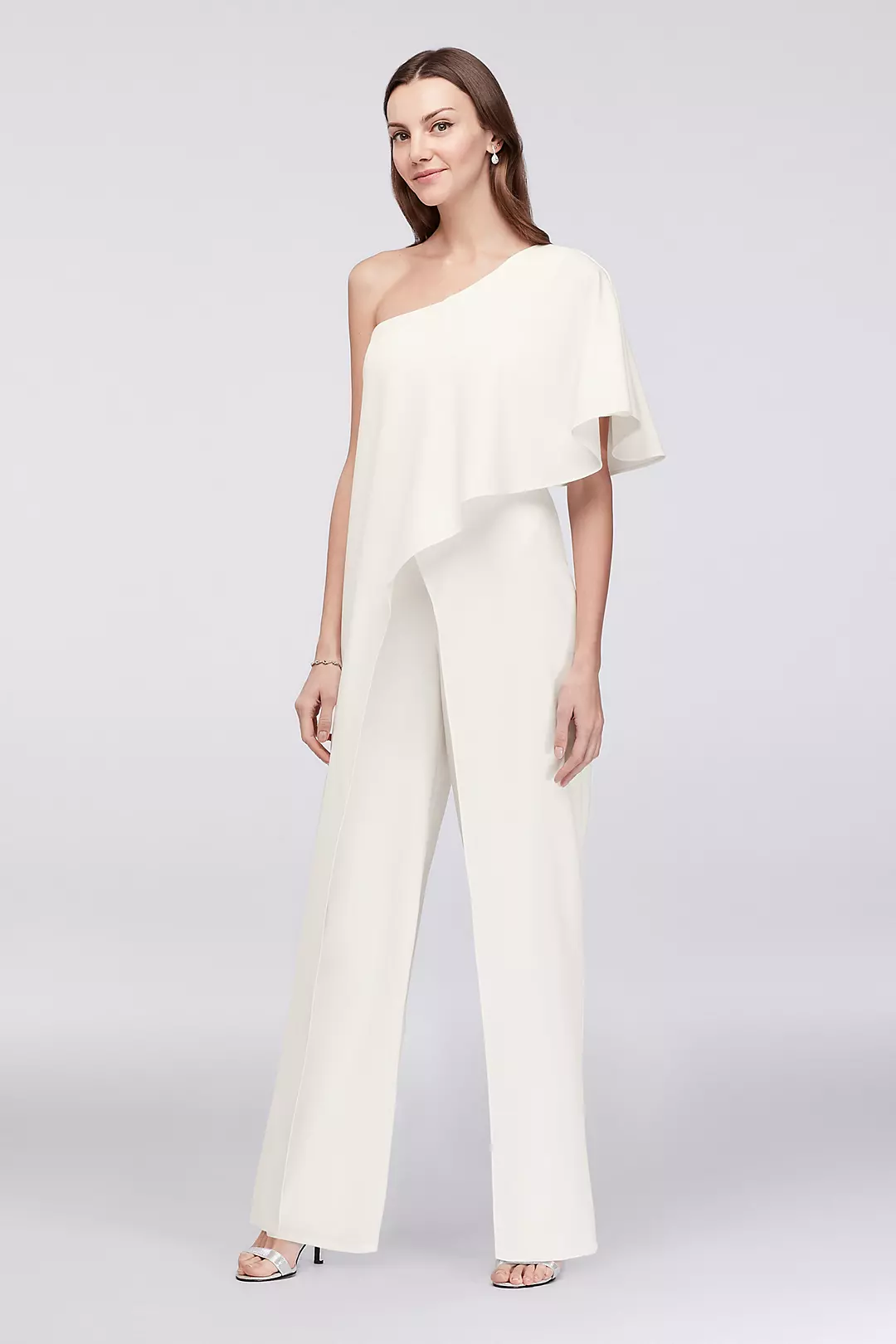 One-Shoulder Crepe Jumpsuit with Cascading Flounce | David's One-Shoulder Crepe Jumpsuit with Cascading Flounce | David's