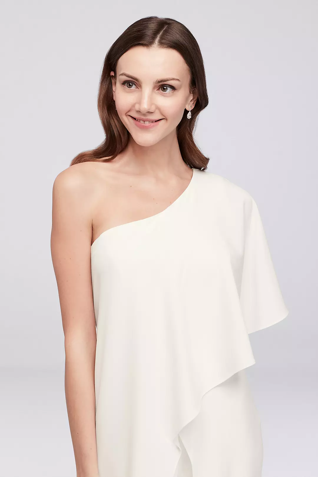 One-Shoulder Crepe Jumpsuit with Cascading Flounce | David's One-Shoulder Crepe Jumpsuit with Cascading Flounce | David's