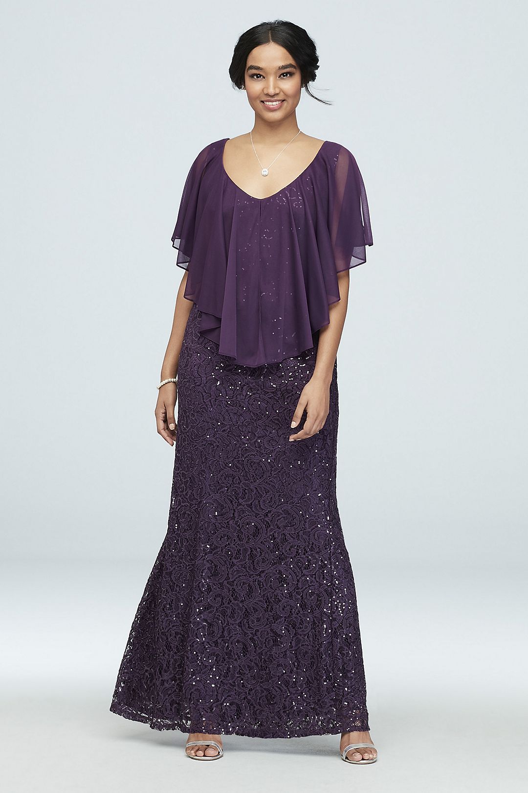Sequin Lace Gown with Cold Shoulder Capelet Image 1