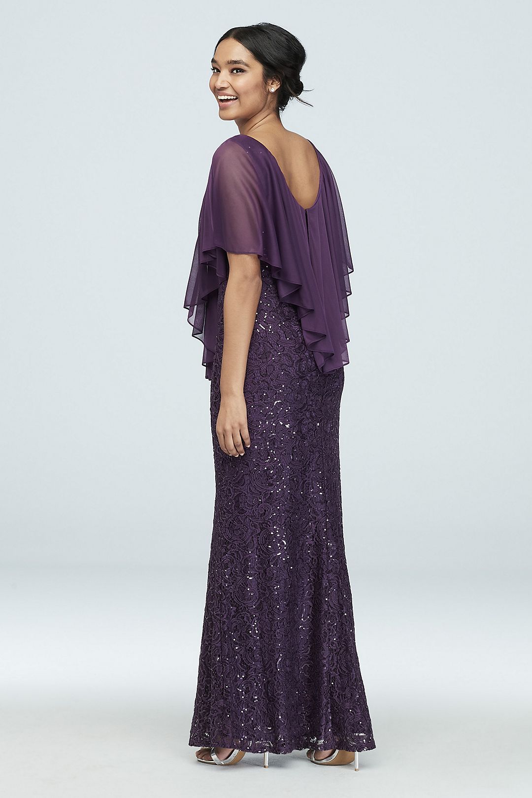 Sequin Lace Gown with Cold Shoulder Capelet Image 2