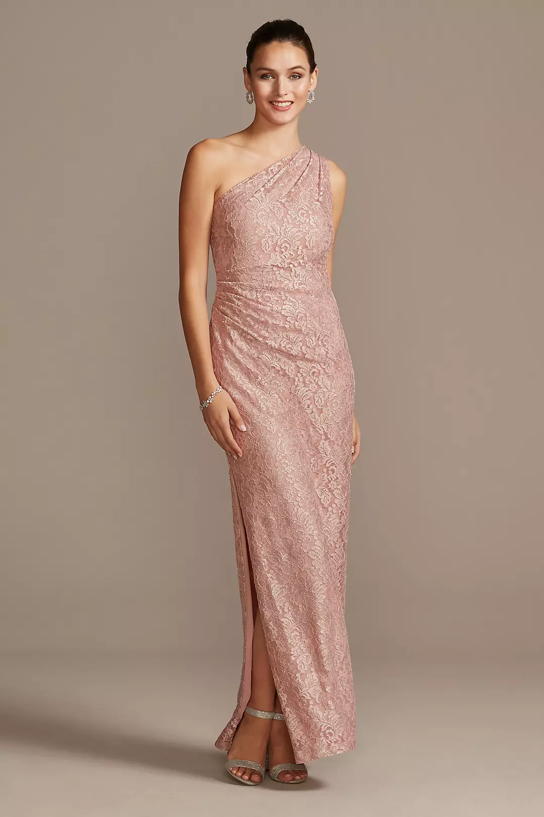 Glitter Lace One Shoulder Gown with Side Slit Image