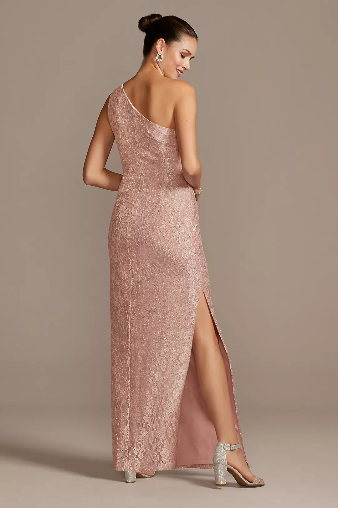 Glitter Lace One Shoulder Gown with Side Slit Image 2
