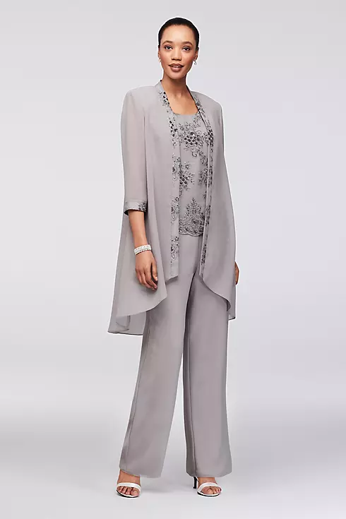 Embroidered Chiffon Pantsuit with High-Low Jacket Image 1