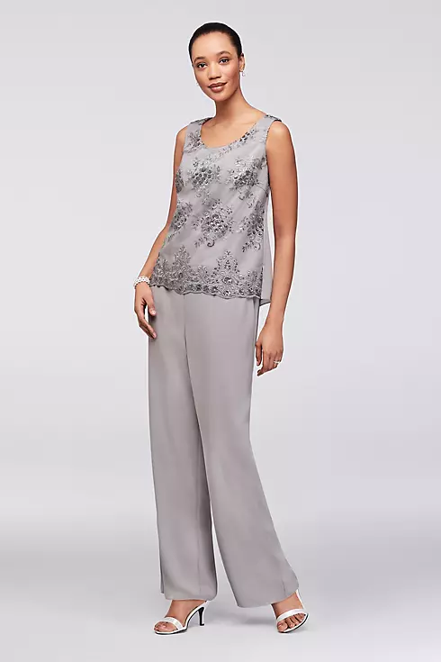 Embroidered Chiffon Pantsuit with High-Low Jacket Image 3