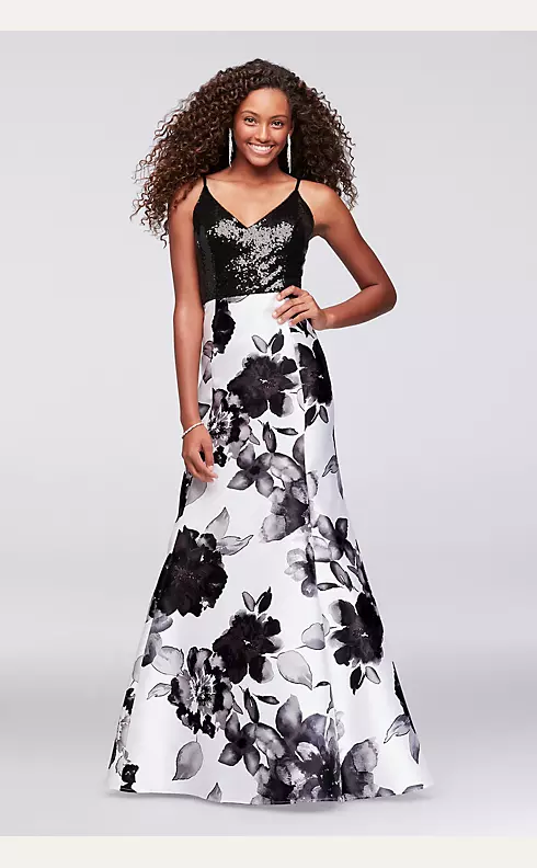 Sequin and Printed Satin Mermaid Gown Image 1