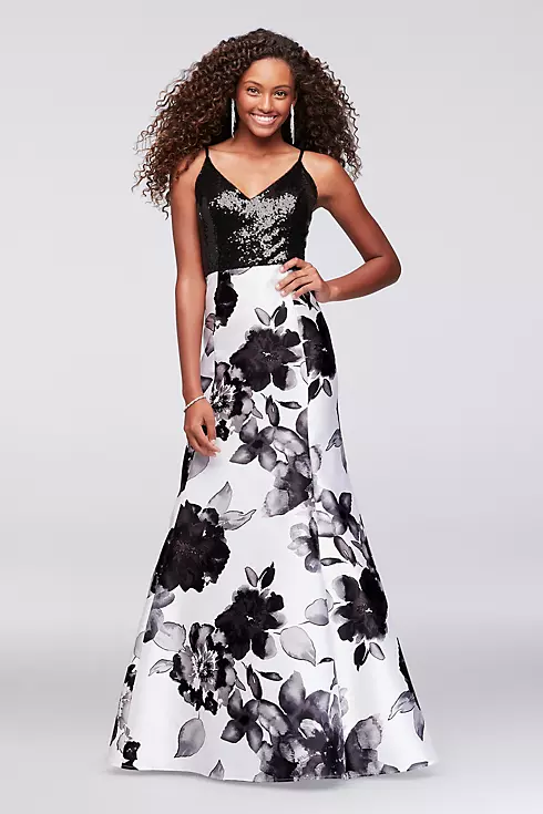 Sequin and Printed Satin Mermaid Gown Image 1