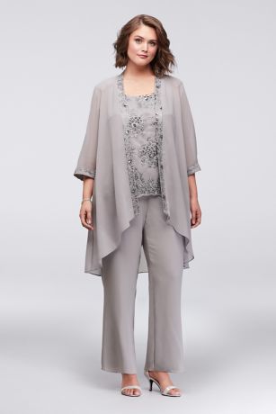 Chiffon Plus Size Pantsuit with Lace-Edged Jacket | David's Bridal