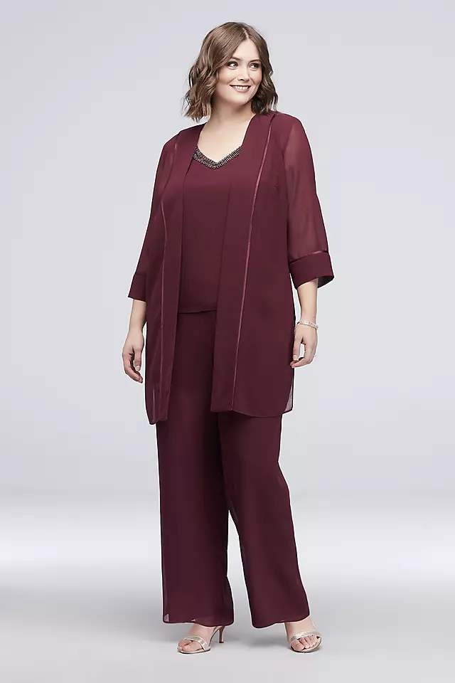 Satin-Trimmed Georgette Pantsuit with Beaded Neck Image