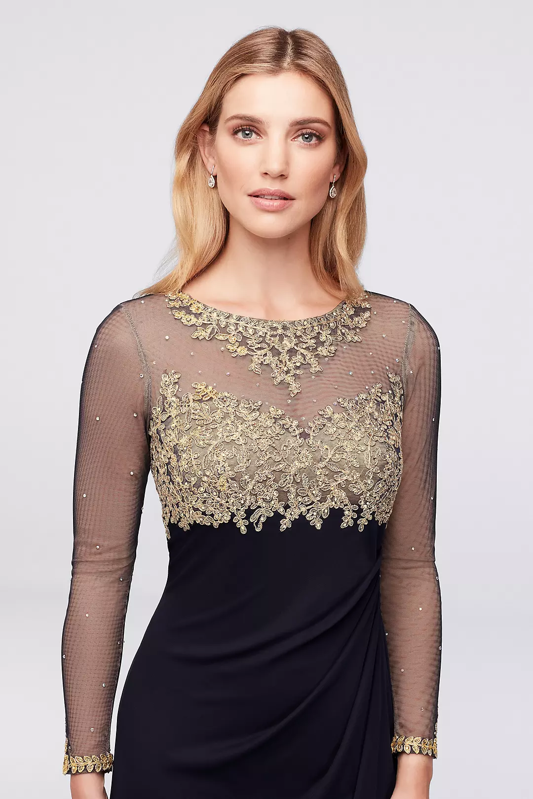 Chic mysterious beaded sheer illusion draped long sleeves jersey