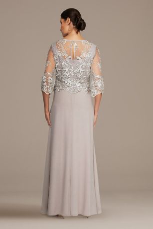 3/4 Sleeve Illusion Overlay Ruffle Chiffon Gown David's Bridal