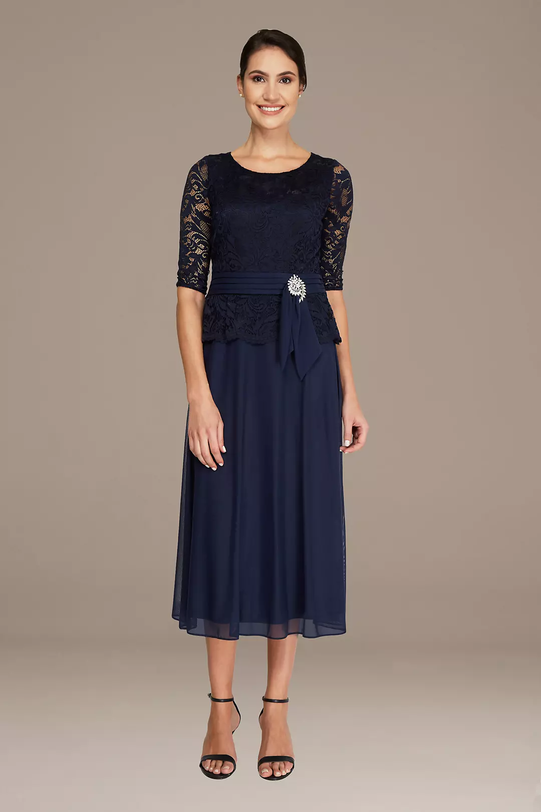 Lace and Mesh Midi Dress with Crystal Detail Image