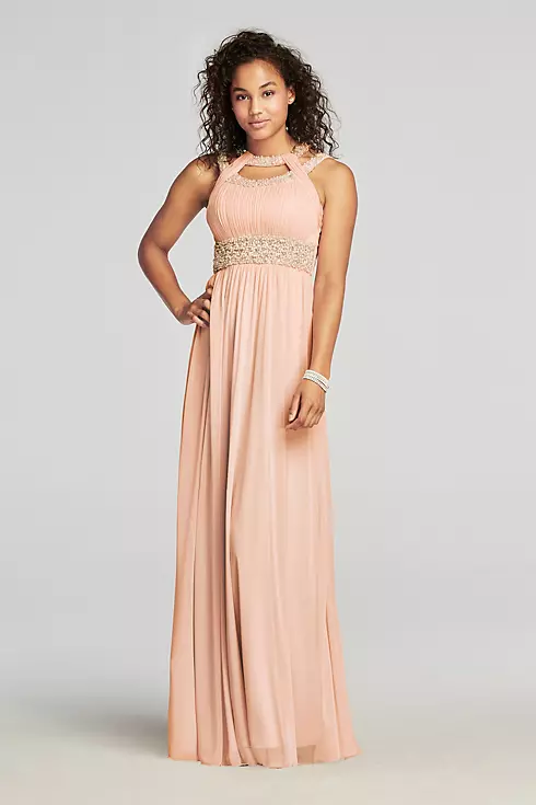Pearl Beaded Cut Out Halter Prom Dress Image 1