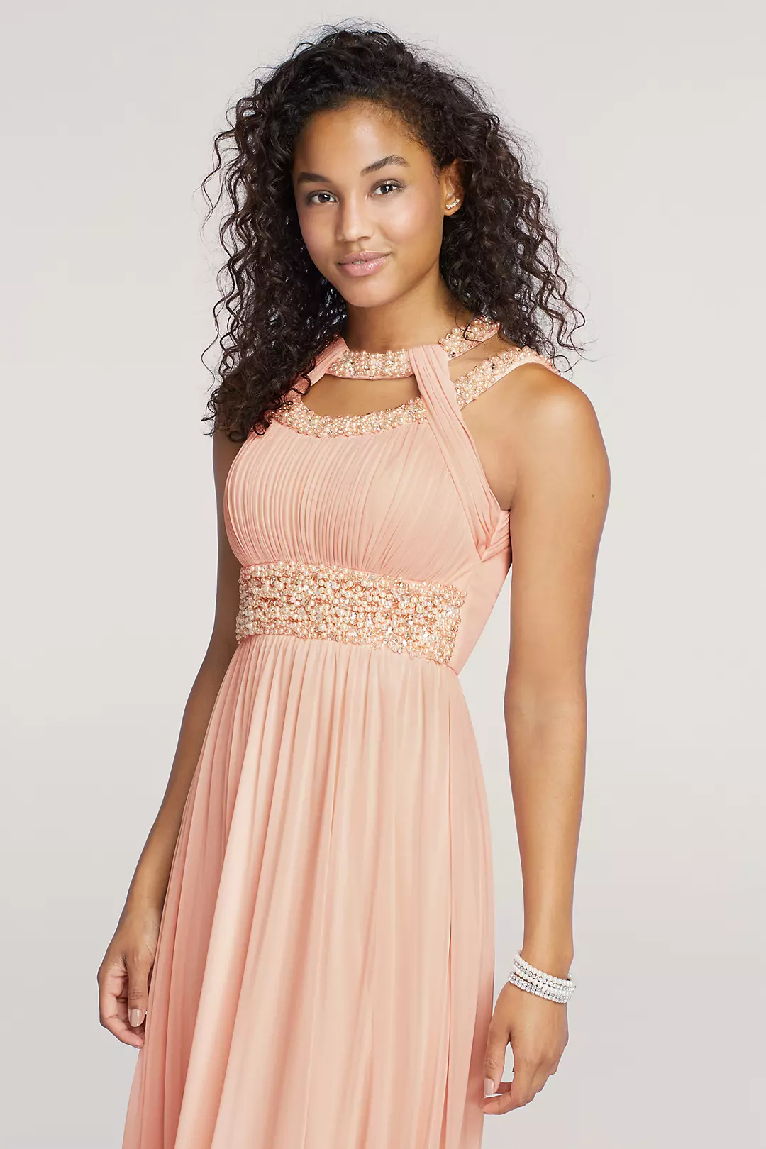 Pearl Beaded Cut Out Halter Prom Dress Image 3