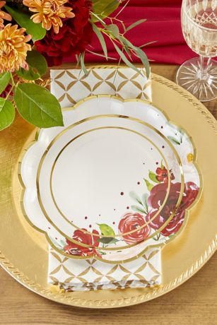 Burgundy Floral 9-Inch Paper Plates with Gold Rim
